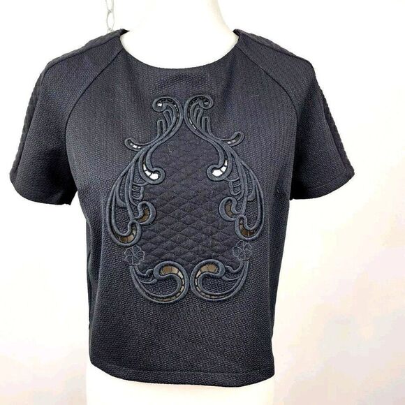 Tobi Black Round Neck Cropped Short Sleeve Boxy Top Embroidered Front Womens M - Picture 1 of 4